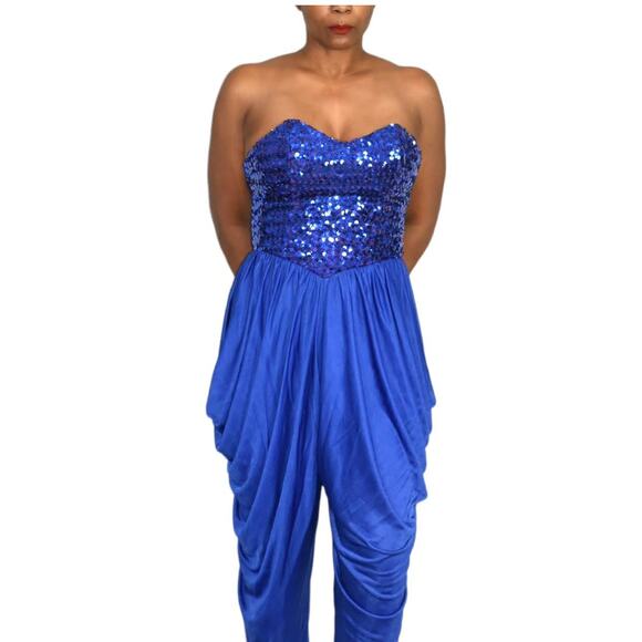 Sequin Draped Jumpsuit Vintage Blue Harem Strapless Sweetheart Pant Size Small - Picture 6 of 16